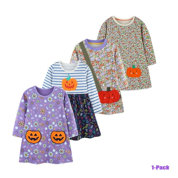 Emy Dola Little Girls Cartoon Halloween Dresses Applique Pumpkin Party Dresses Toddler Casual Cotton Long-Sleeved Jersey Dress