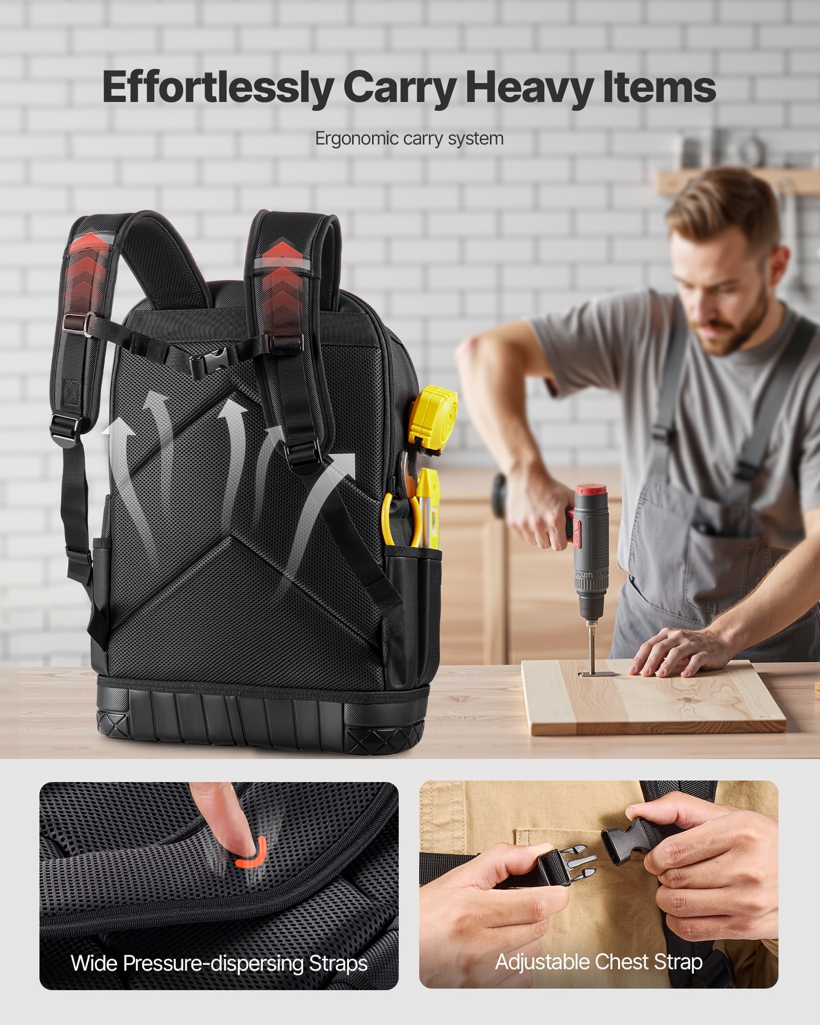 VEVOR Tool Backpack with Tools, 65 Pockets, Heavy-duty Tools Storage Organizer Bags with Laptop Compartment & Molded Base, Electrician Jobsite Backpack for Electrician, Repairman, and HVAC Techs