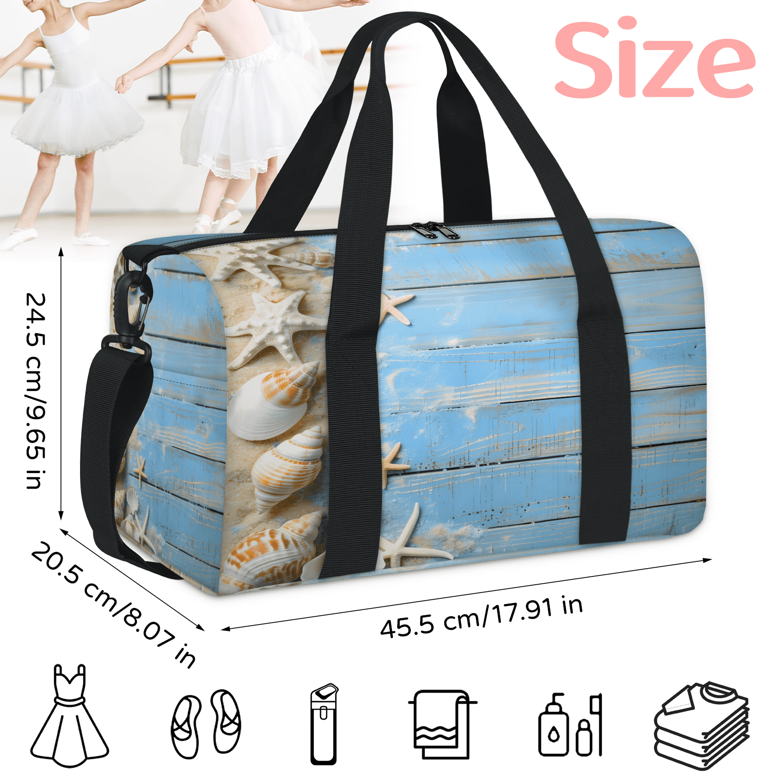 Herdesigns Blue Ocean Beach Seashell Starfish Themed Travel Duffle Bag Sports Yoga Weekender Overnight Carry on Workout Bags Lightweight Waterproof Gym Tote Bag for Women