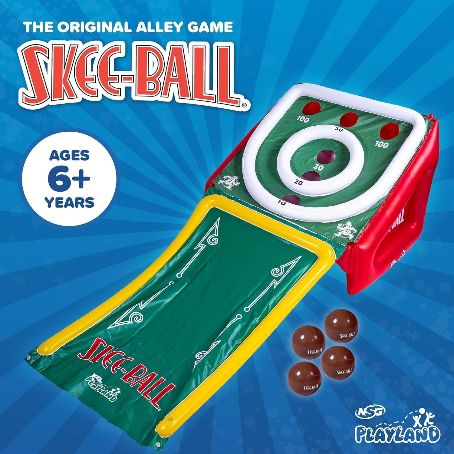 Playland Inflatable Skee Ball Game for Kids & Family – 5FT Indoor & Outdoor Arcade Toss Game with Ball Return, 4 Rubber Balls, Electric & Hand Pump Included – Backyard Party Carnival Game for Ages 6+