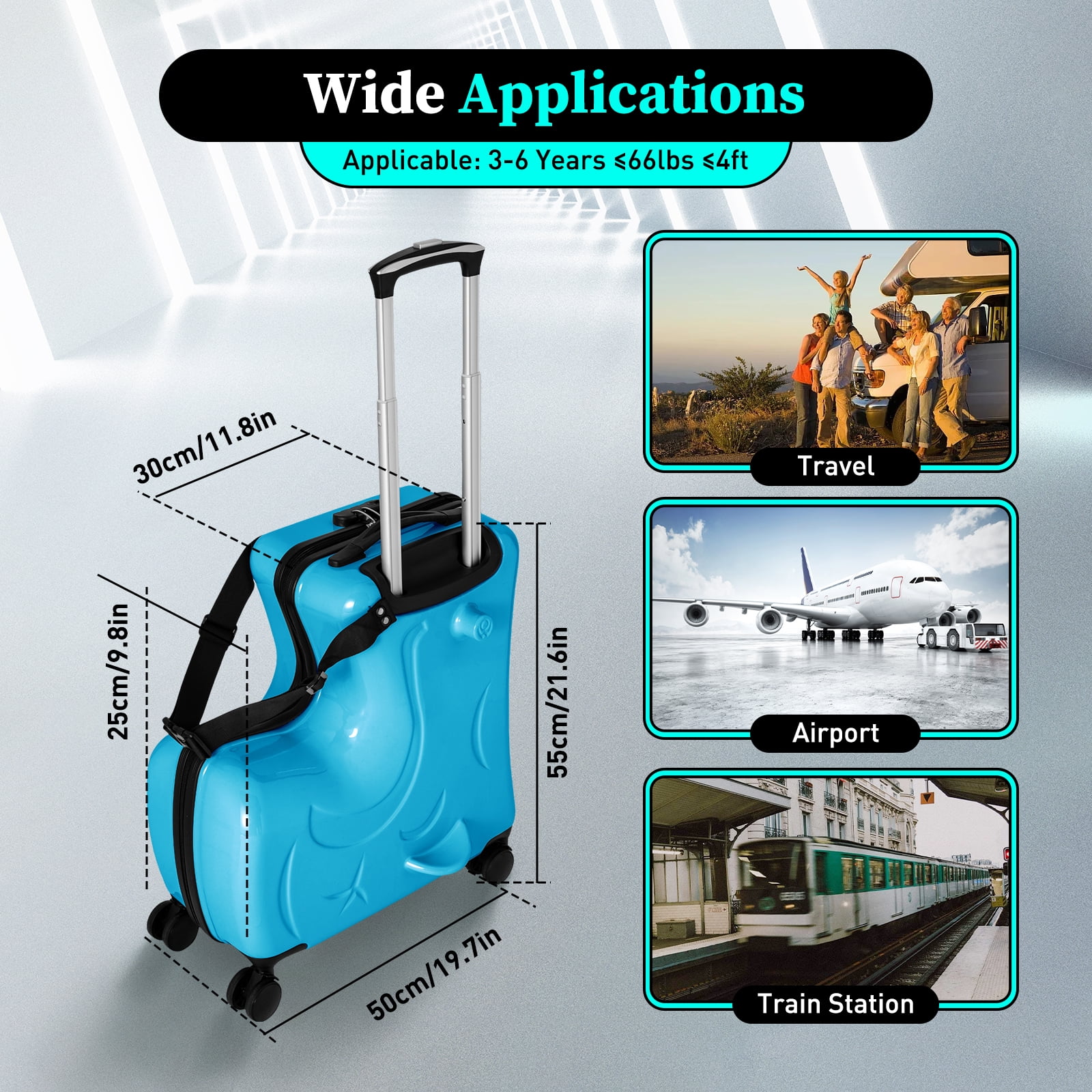 YIYIBYUS 20 Inch Blue Children's Suitcase Kids Ride-On Suitcase Spinner Luggage Kids Trunk for 1-6 years old