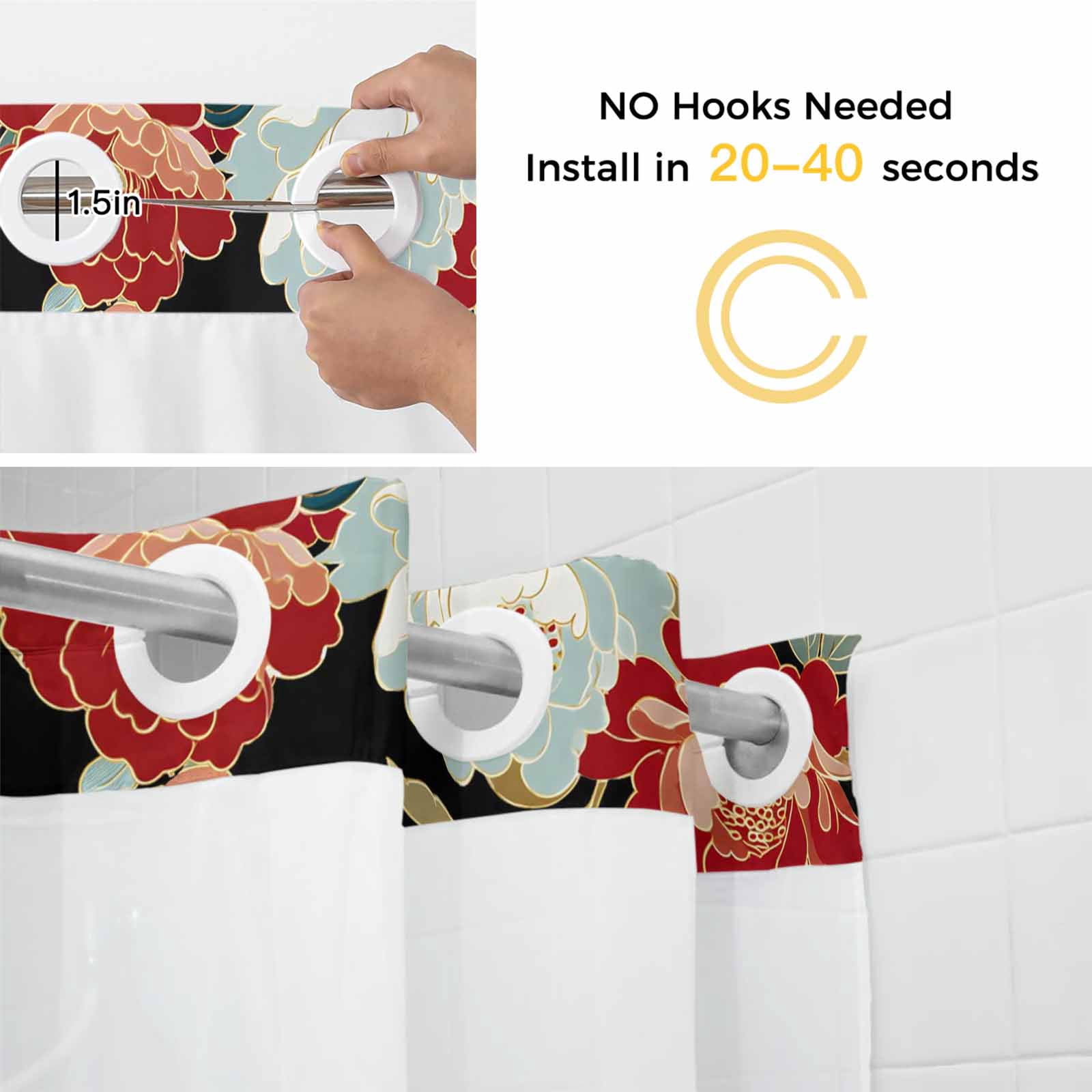 No Hook Shower Curtain with Snap in Liner, Japanese Cranes Peony Waterproof Fabric Bathroom Curtain Mesh Top Window, Country Animal Plants Shower Curtains 48x72in