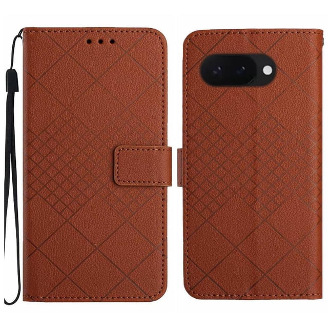 Flip Wallet Case for Google Pixel 9A with Kickstand & Wrist Strap, Shockproof TPU Inner Brown