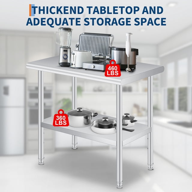 Edtara Table de Préparation Commerciale en Acier Inoxydable avec Tablette Inférieure Réglable et Coins Arrondis, Table de Travail Robuste pour Cuisine, Restaurant, Garage Ou Usage Extérieur