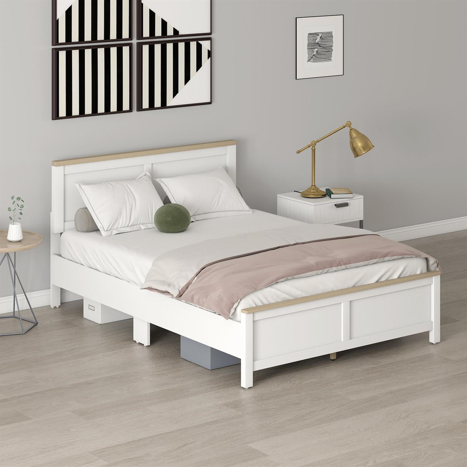 Demi Bonn Modern Full Bedframe with Headboard, WoodSlat Design NoBoxSpringRequired, EasyAssembly Bed for Bedrooms, White