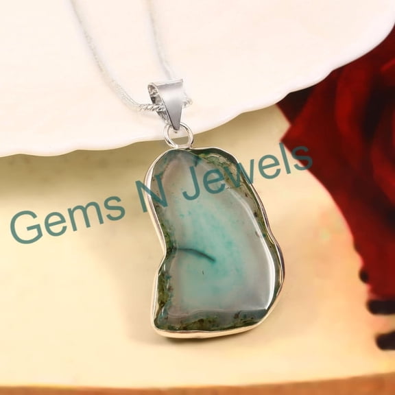 Gems N Jewels Handmade Green Agate Druzy Pendant Necklace 925 Sterling Silver Jewelry For Men/Women