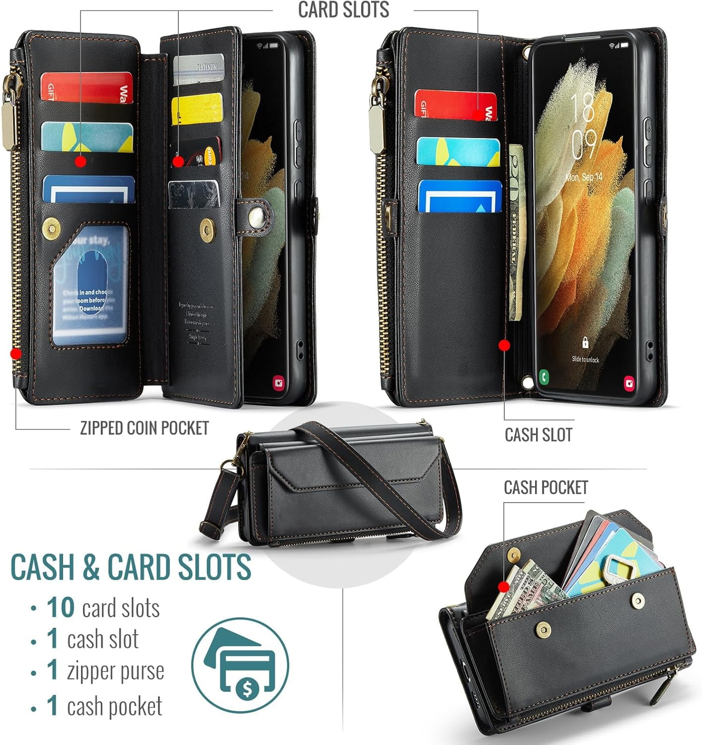 Phone Case for Samsung Galaxy S21 Ultra 5G Zipper Wallet Cover with Tempered Glass Screen Protector and Flip RFID Blocking Cash Card Holder Cell S21ultra 21S S 21 21ultra G5 Women Girls Black
