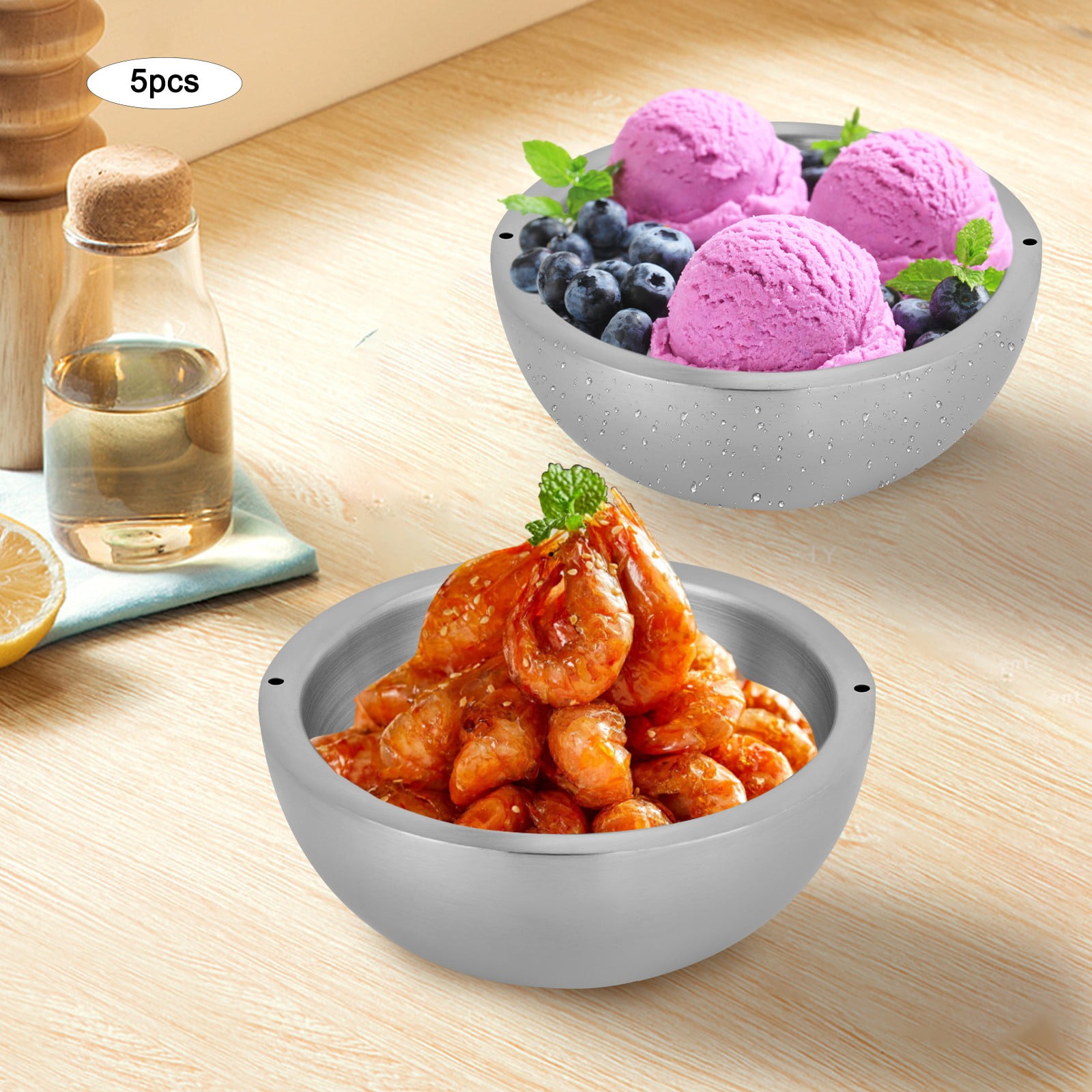 5 PCS 20*9cm Salad Bowl Silver Round Stainless Steel Salad Bowl for Rice Dipping Sauce Oatmeal Sauce Baby Food