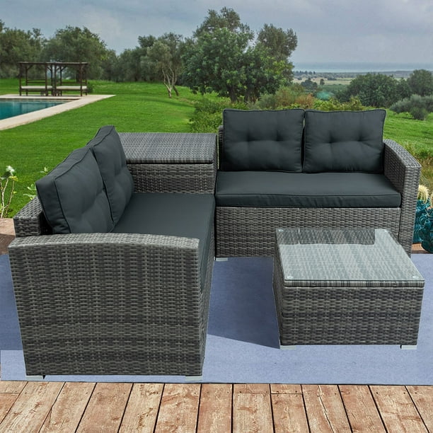 4 Piece Patio Bistro Set Modern Outdoor Furniture Sofa Seating Group For Wicker Rattan Combination Cushioned Sectional With Storage Box And Coffee Table Gray Y0306 Wicker Rattan Sofa Combination Set, Outdoor Garden Furniture Sets Ireland