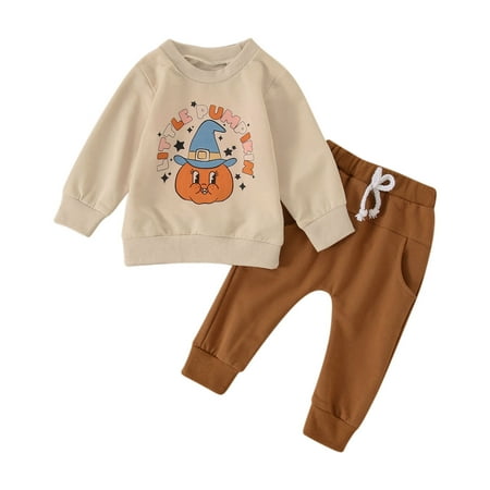 

REDARER Clearance Halloween infant Toddler Letter Pumpkin Printing Long Sleeve Hoodie Casual Pants 2Pieces Children s Clothing Suit Halloween Costumes Woman 2024 Khaki 2-3 Years