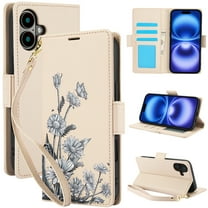 For iPhone 16 Wallet Phone Case,With Card Slots,Flip Folding Kickstand,Flower&butterfly Print Design,PU Leather Shockproof Proitection,With Wrist Strap,Anti-fall Folio Phone Case,Apricot