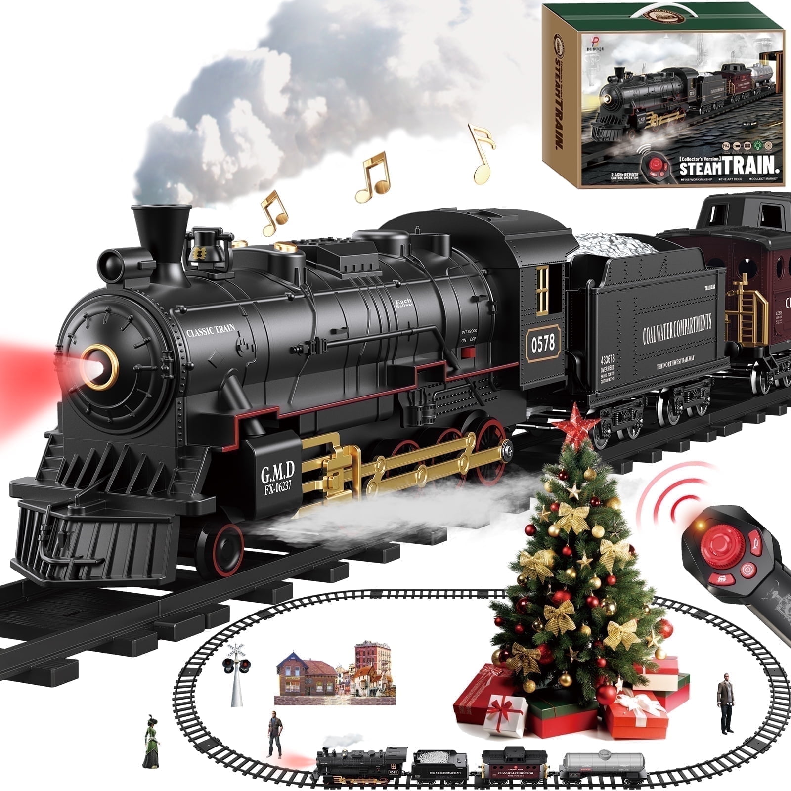Hot Bee Train Set, Remote Control Train Toys With Luxury Tracks, Christmas Train Sets For Around The Tree,Toy Train With Smokes, Lights & Sound,Model Train Set For 3 4 5 6