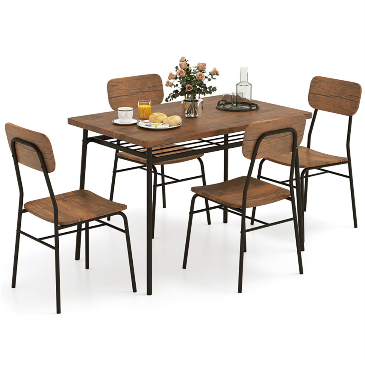 Demi Bonn 5-Piece Dining Table Set with 4 Chairs, 43" Kitchen Table with Metal Frame and Storage Rack, Perfect for Small Space, Brown