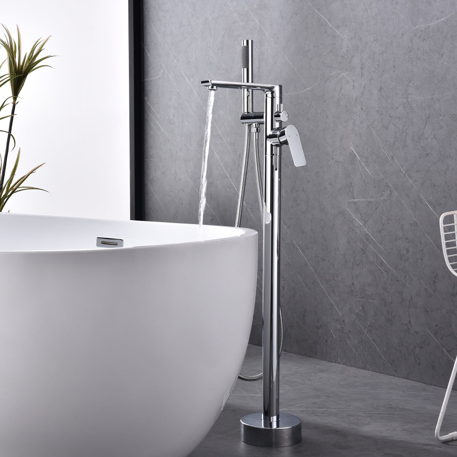 Dawot Floor Mount Bathtub Faucet, 2 Function Brass Chrome Bathroom Freestanding Tub Filler Single Handle with Hand Shower
