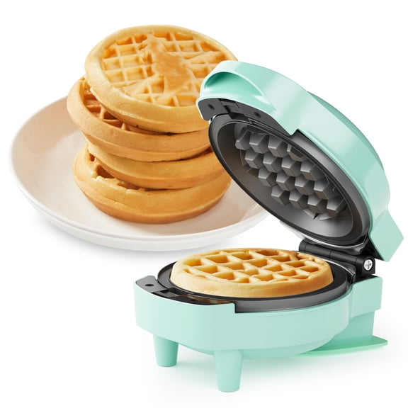 Sunvivi 6-in-1 Mini Waffle Maker, 4" Waffle Iron with Nonstick Removable Plates (Santa, Christmas Tree, Witch, Pumpkin), Light Blue
