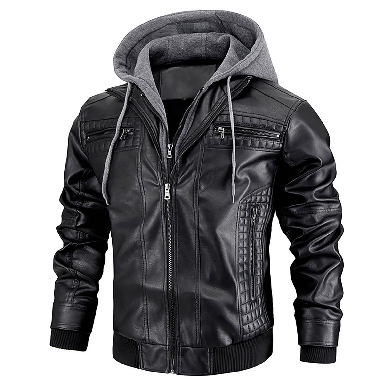 Luwomo PU Leather Jackets for Mens Mens Fall and Winter Long Sleeve Hooded Outdoor Style Coat Tops Black,2XL