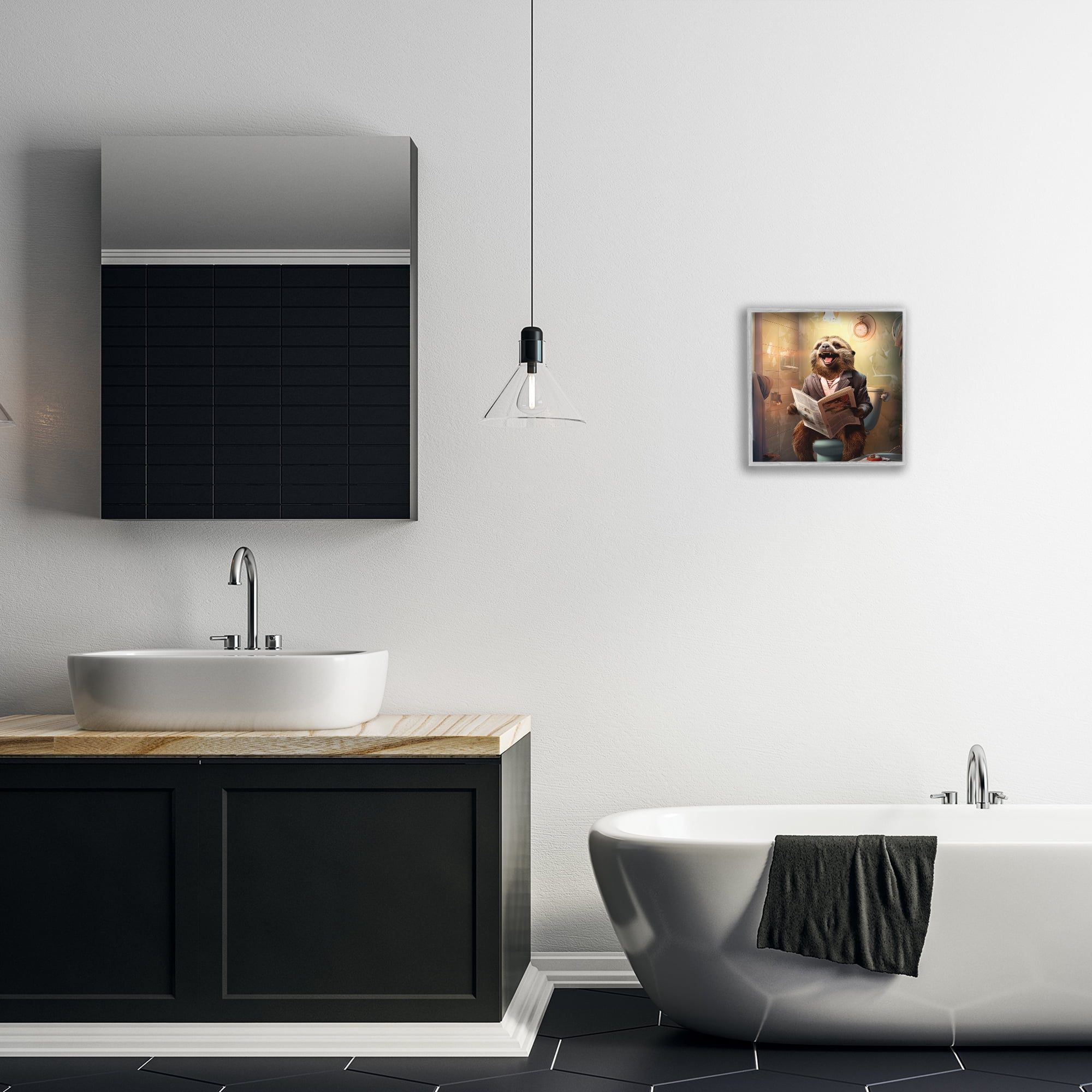 Stupell Industries Smiling Sloth on Toilet Typography Painting Gray Framed Art Print Wall Art, 12 x 12