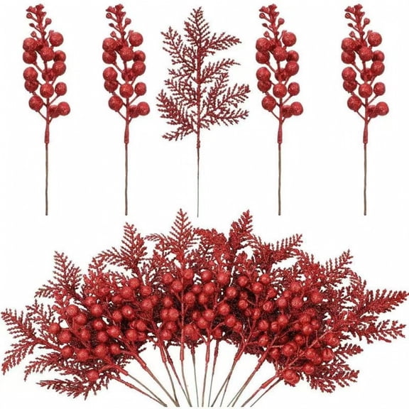 20PCS Christmas Glitter Berries Stems Pine Needles Christmas Artificial Picks Fake Floral Twig Spray for Xmas Tree Ornaments DIY Wreath Garland Decorations