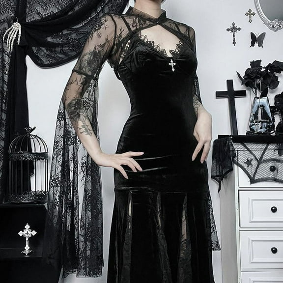 Goth Vintage Lace Smock Women Aesthetic Harajuku Streetwear Elegant Long Sleeve See Through Crop Tee Tops Female