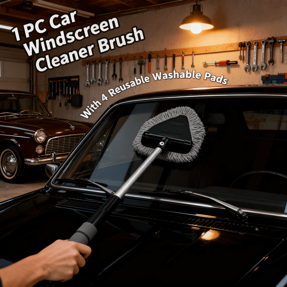 Windshield Cleaner Tool, Car Interior Detailing Cleaning Kit with Extendable Handle and 3 Upgraded High-Density Reusable Microfiber Pads, Auto Glass Wiper Brush Kit for Cars, Gray