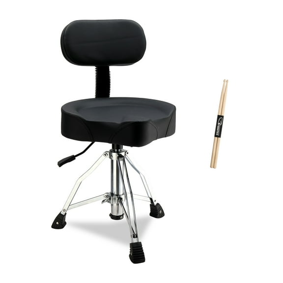 Height Adjustable Drum Stool on Wheels, Saddle Seat Design Rolling Hydraulic Drum Seat Drum Throne with Backrest for Drummers, 440LBS Capacity, Black (Free Drumsticks)