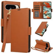 Feishell Wallet Case for Google Pixel 9A, Premium PU Leather Magnetic Closure Flip Kickstand Folio Case with RFID Blocking Credit Card Slots Shockproof Phone Cover with Wrist Strap,Brown
