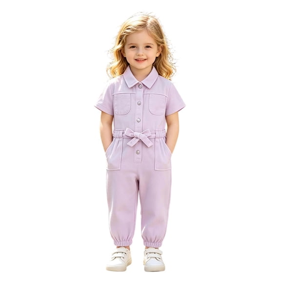 Curuila Children Girls Jumpsuits Short Sleeve Solid Color Lapel Button Down Bodysuits For Girls Summer Fashion Clothes Purple Size 18-24 Months