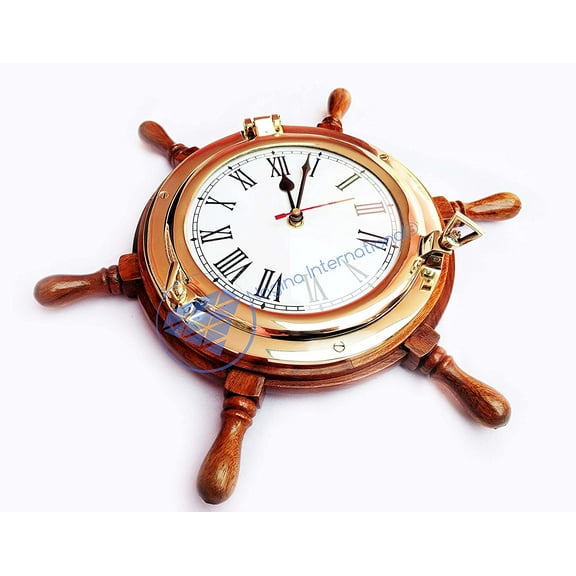 Nagina International 8" Porthole Roman Style Quartz Clock on Nautical Ship Wheel - Pirate Home Decorative Wall Hanging