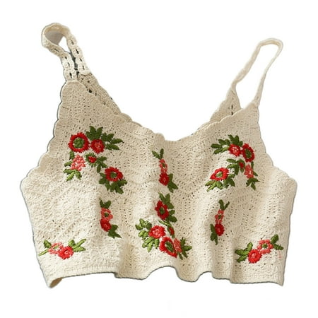 

Women Summer Hollow Crochet Knit Camisole Vest Boho Floral Leaves Embroidery Sleeveless Short Crop Top Beach Bralette