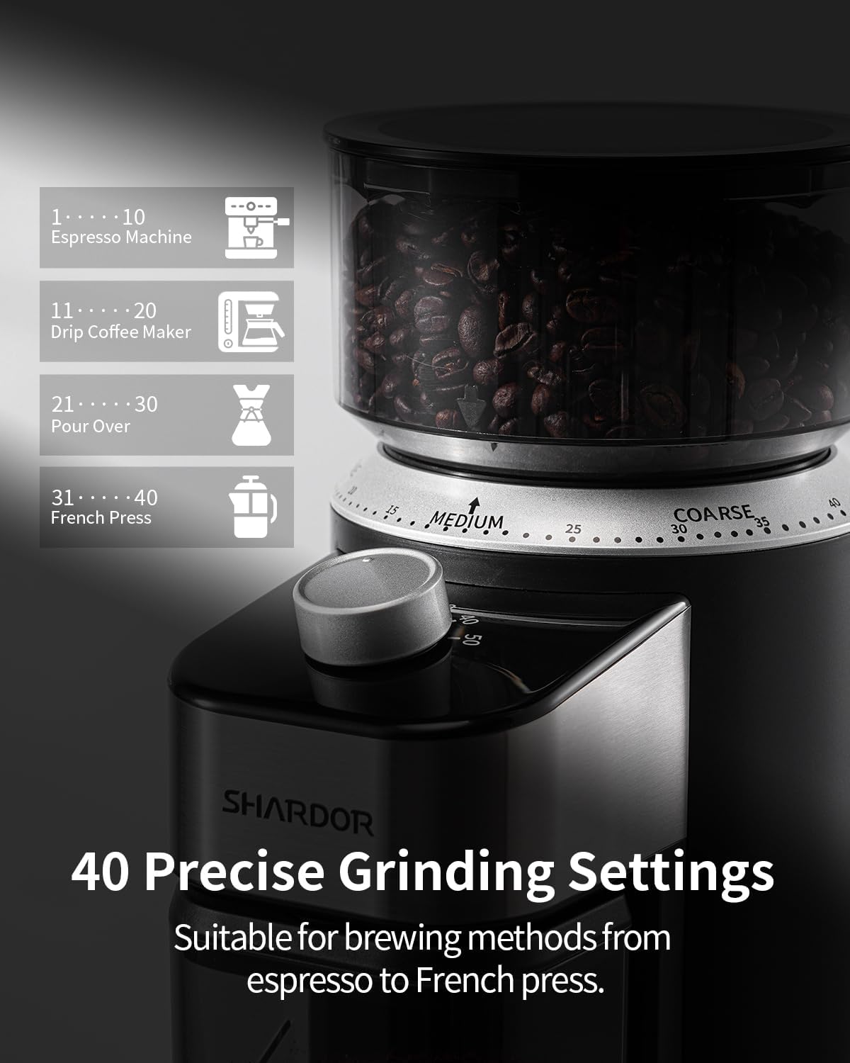 Electric Burr Coffee Grinder with 40 Settings, 50s Timer, Low-Speed for Rich Flavor