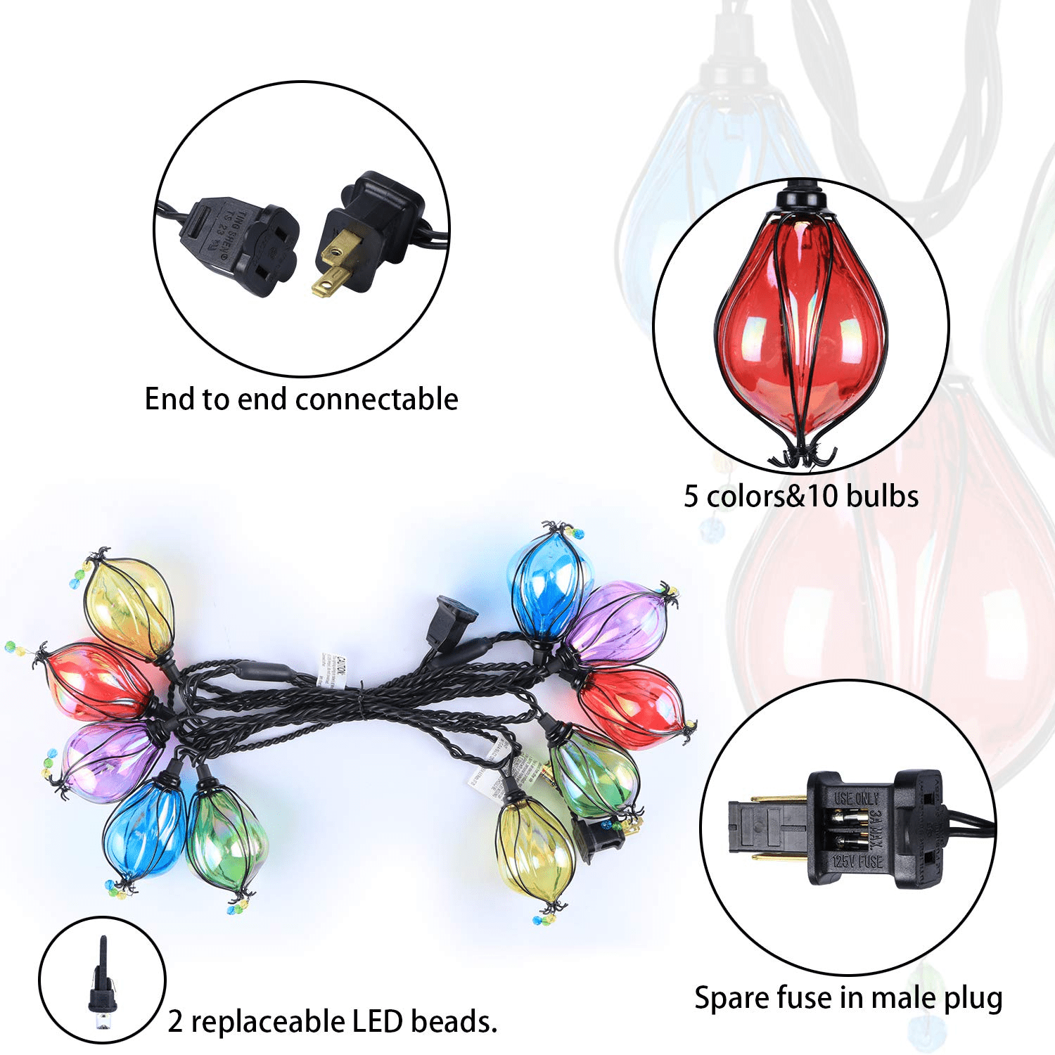Multicolor Fairy String Lights with 10 Bulbs Connectable Waterproof Decorative Indoor String Lights for Christmas Party Birthday Wedding Festival Bedroom Outdoor Patio
