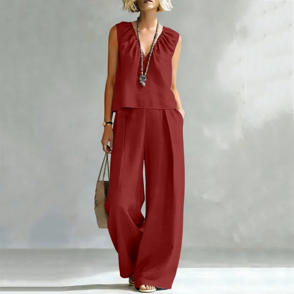 Mifsaly Two Piece Linen Sets for Women Sleeveless Pleated V Neck Top and Flowy Long Pants with Pockets Dressy Casual Summer Travel Vacation Outfits Wine,S