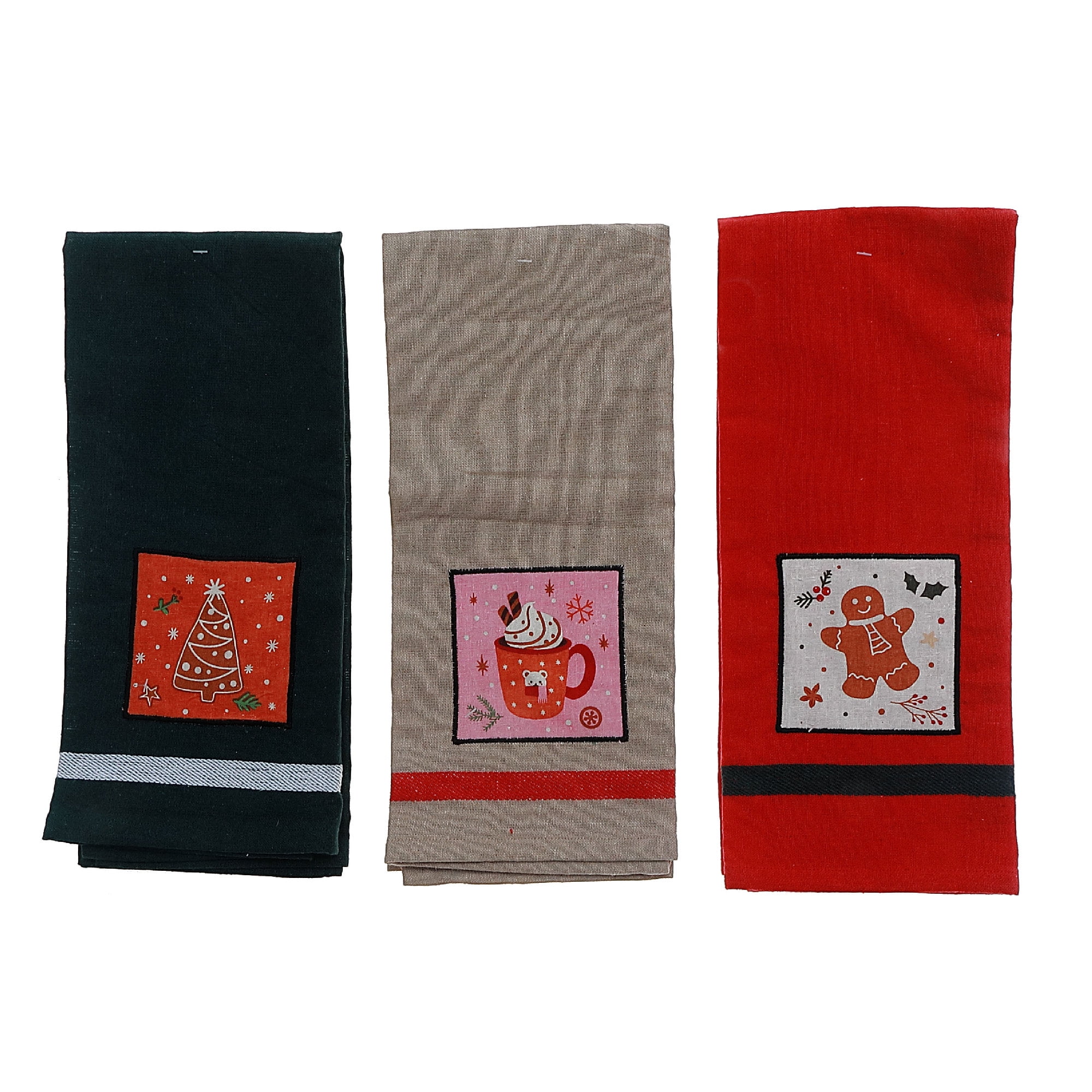 Embedded Holiday Print On Solid Cotton Kitchen Towel (Asstd) - Set of 3