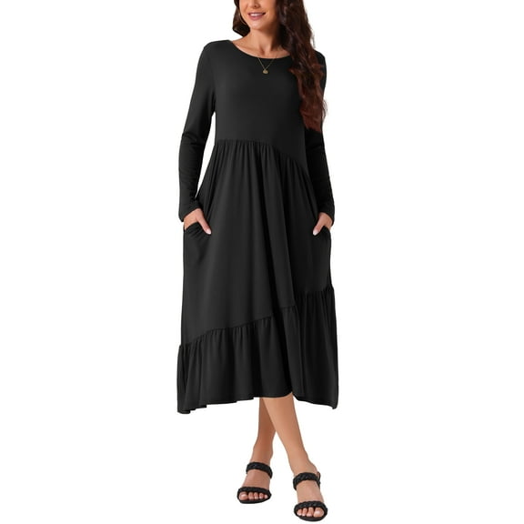 INSPIRE CHIC Women's Fall Long Sleeve Dress Crewneck Casual Loose Pleated Tiered Swing Midi Dresses with Pockets S Black