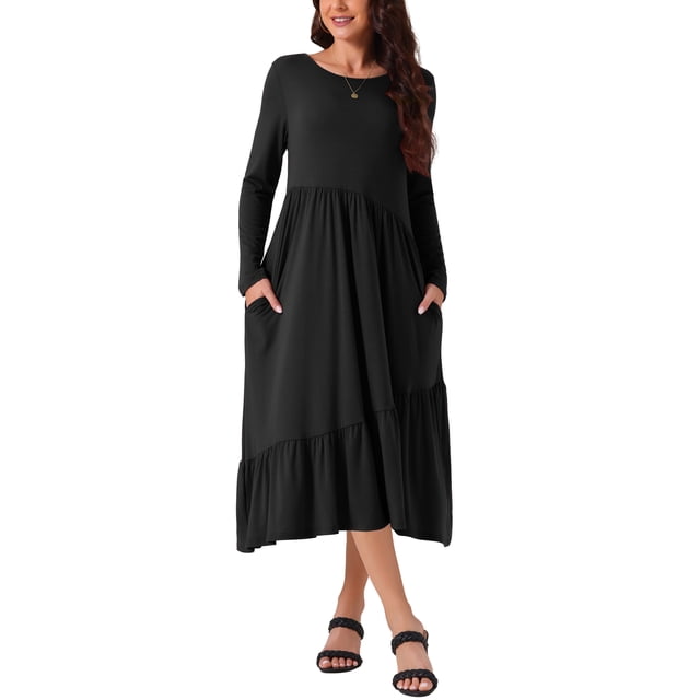 Vestido midi de mujer Inspire Chic de manga larga de otoño, cuello redondo, casual, suelto, con pliegues y capas, con bolsillos, en color negro.