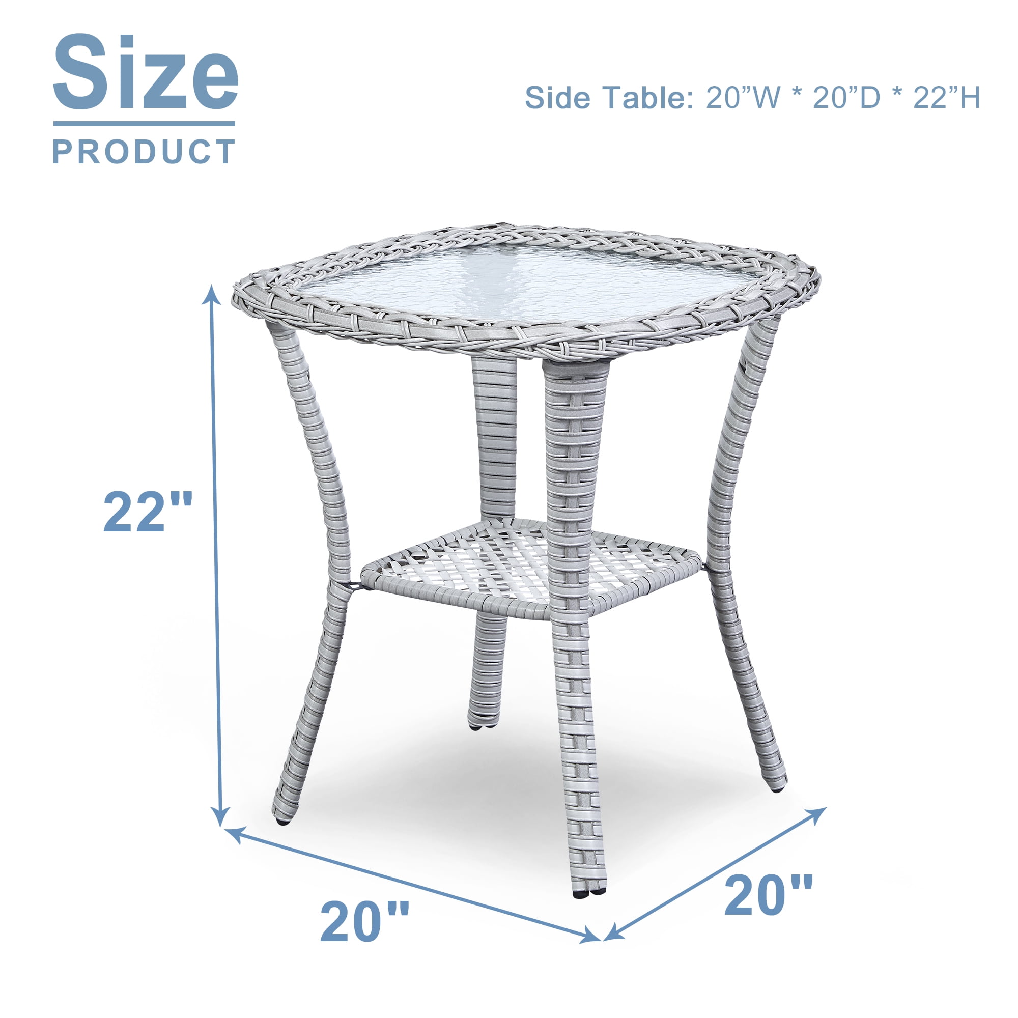 OPOHORO Outdoor Wicker Side Table,22x20x20 inch All Weather Rattan Small Patio Table Square End Table for Pool Balcony Deck Porch Lawn Backyard, Light Gray