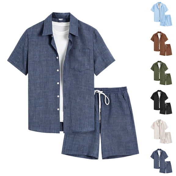 Men's Summer Beach Outfits 2 Piece Short Sleeve Button Down Shirts with Pocket and Shorts Vacation Sets for Men Blue