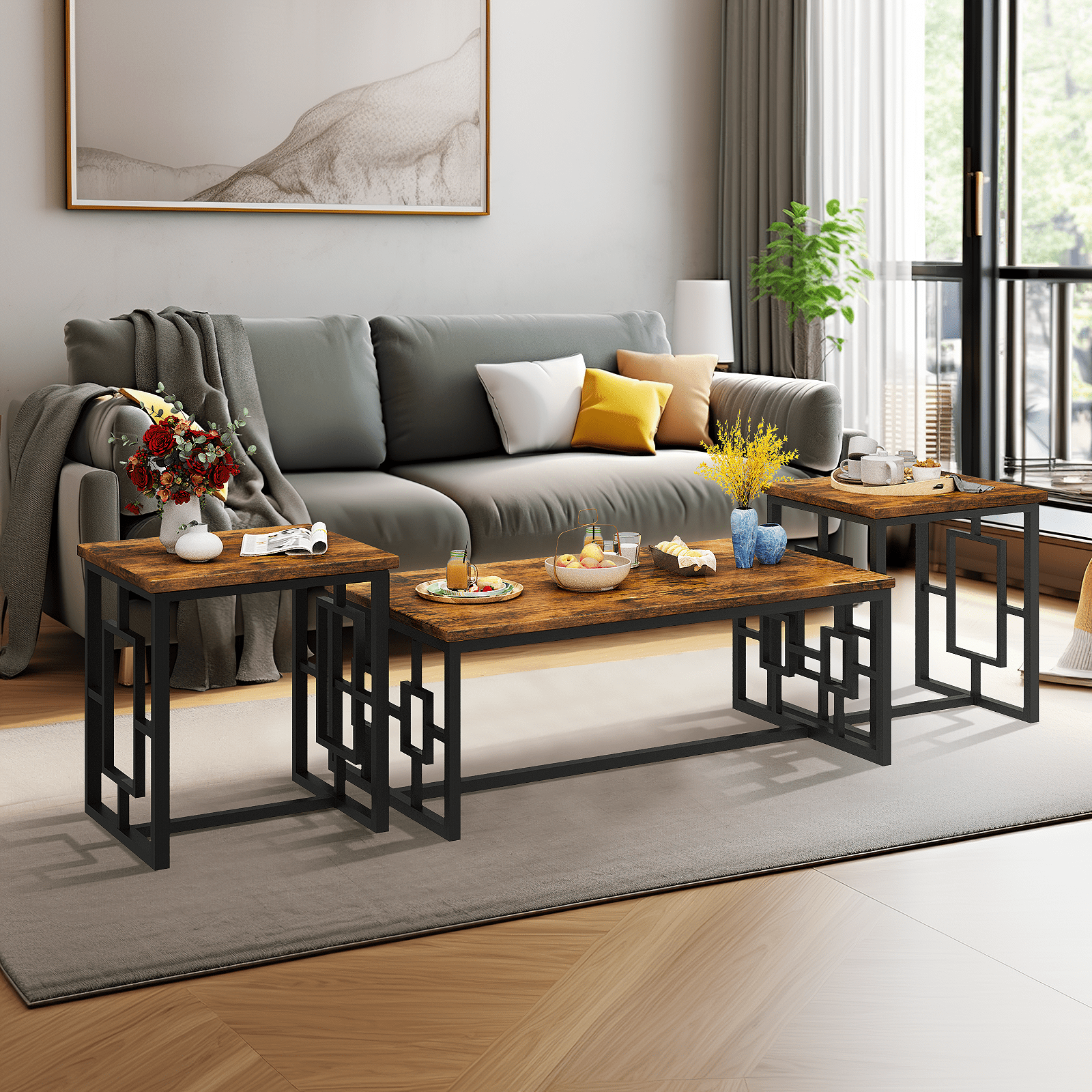 Recaceik Square Hollow 3 Piece Living Room Wooden Coffee Table Set, Two End Slides Rustic Brown