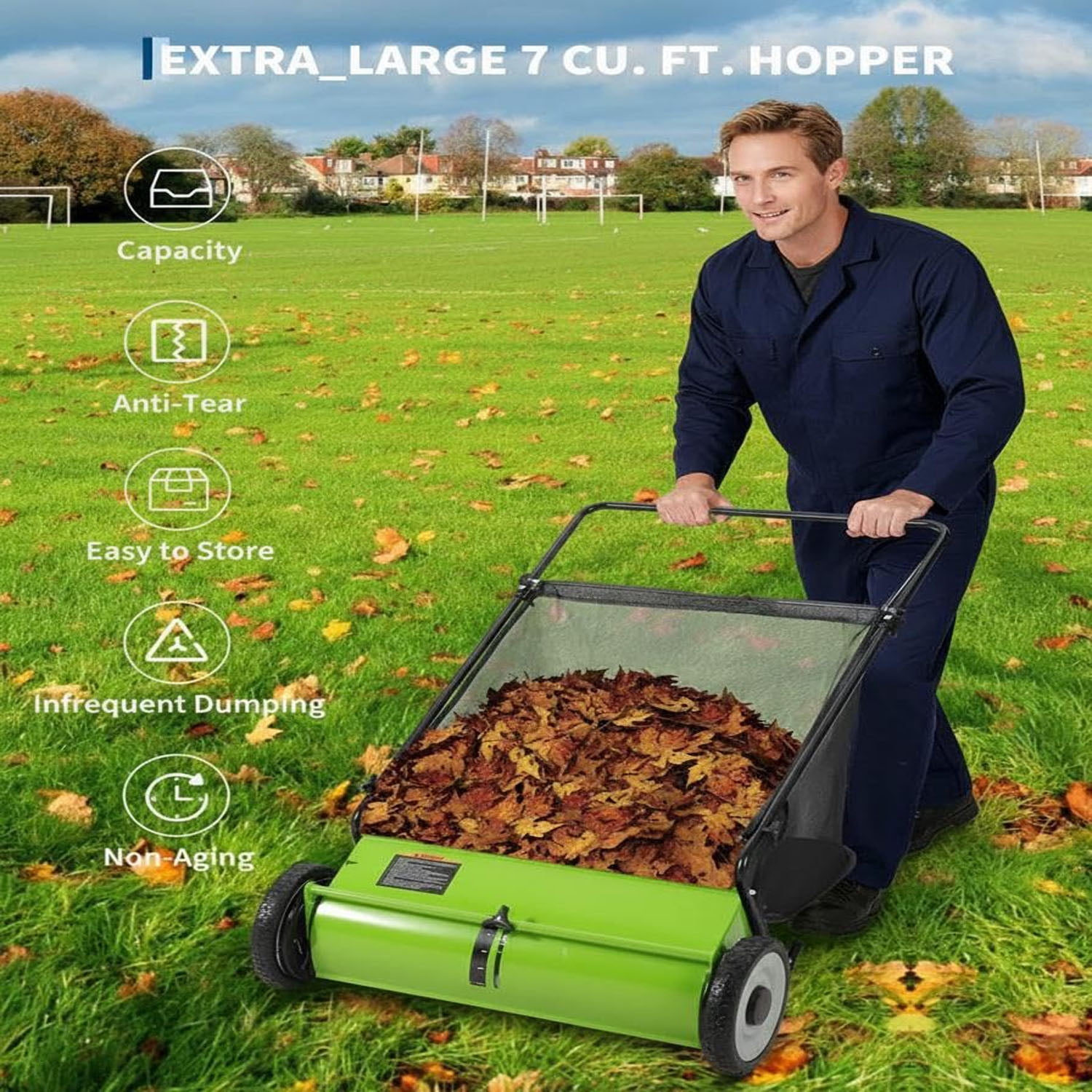 Gaderth Efficient 21-Inch Push Lawn Sweeper, Heavy-Duty Steel Frame, 4 Enhanced Spinning Brushes, Large 3.5 cu.ft Pusher, Strong Rubber Wheels, Manual Leaf & Grass Collector