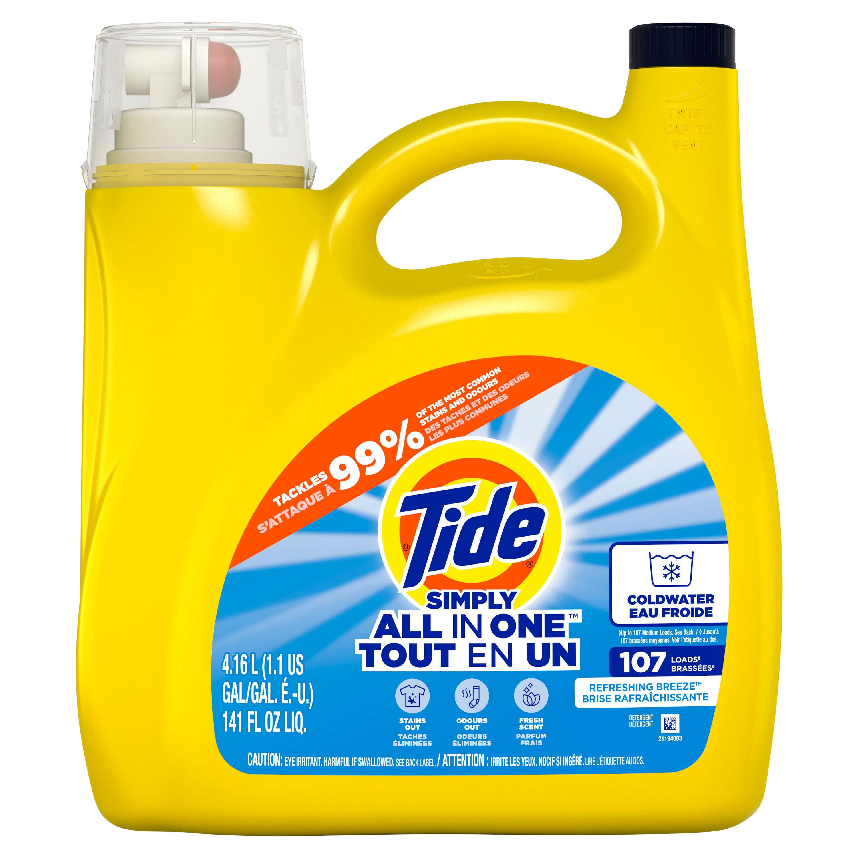 Détergent à lessive liquide Tide Simply Tout-en-un, parfum Brise rafraîchissante, 107 brassées, 4,16 L TIDE TD SM LQ CHE RB107BR