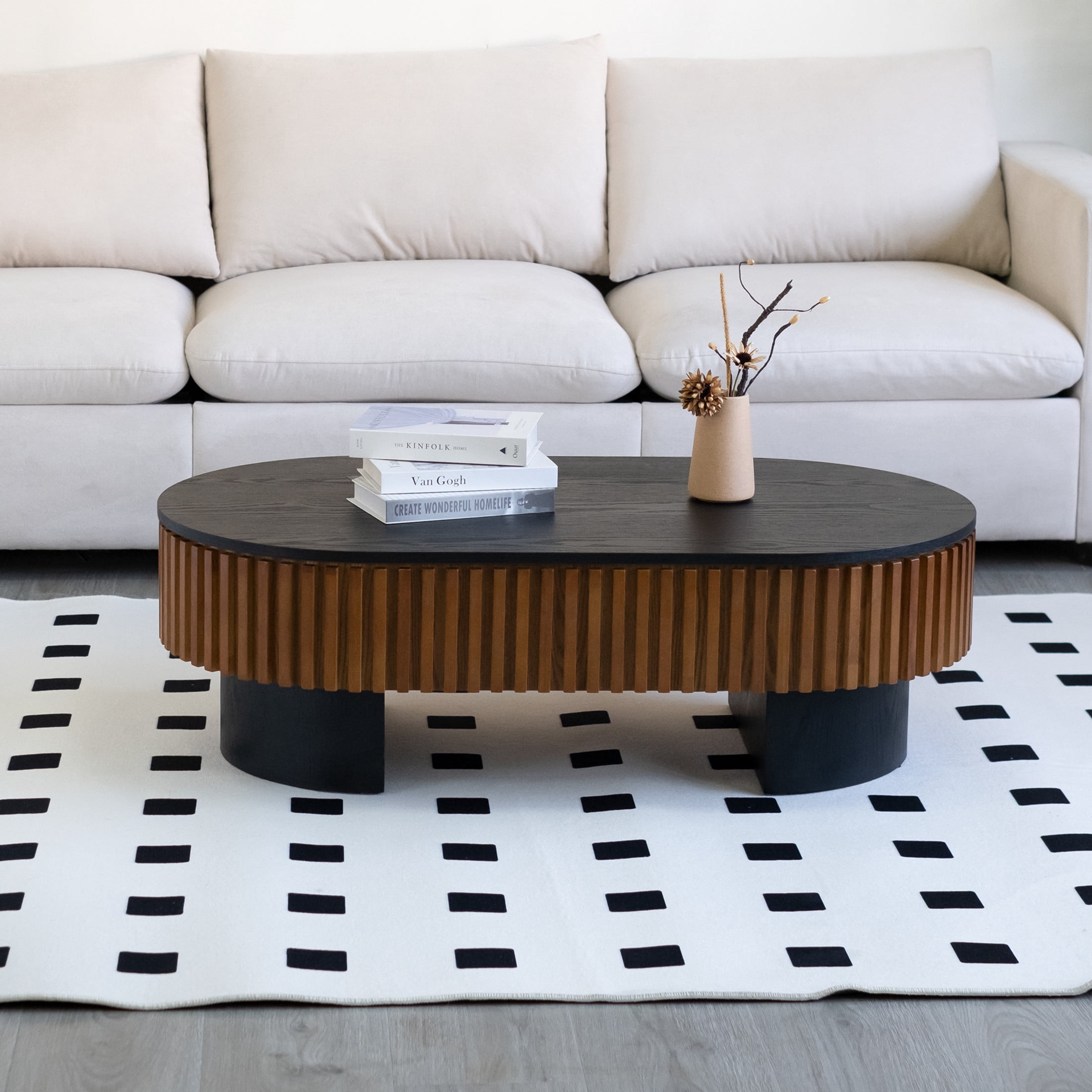 Noble House Mourade 44" Elliptical Coffee Table with Hidden Storage, Modern Fluted Mushroom Accent Table, Black