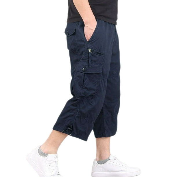 Avamo Men Trousers Solid Color Loungewear Elastic Waist Bottoms Fitted  Capri Pant Yoga Cargo Pants Navy Blue L