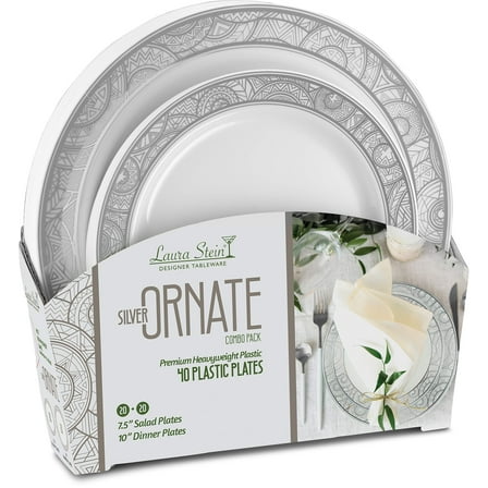 Laura Stein Party Ornate series Set AFN1of Elegant Dinnerware Combo Set White Plates & Bowls With Gold Border for Birthdays, Weddings, (1 Combo Pack, 40 Plates (20 Sets), White & Silver)