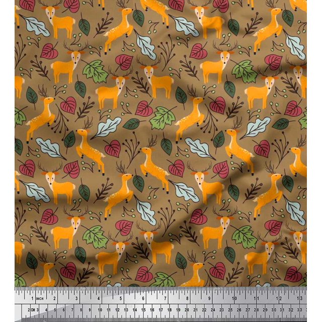Soimoi Tissu Crêpe Polyester Feuilles & Rennes Imprimé Animal au Mètre 52 Pouces de Large