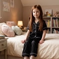 thumbnail image 5 of NIPAXO Girls Pajamas Set Short Sleeve Button-Down Solid Black Piping Long Pants Sleepwear Satin for Kids, 5 of 8
