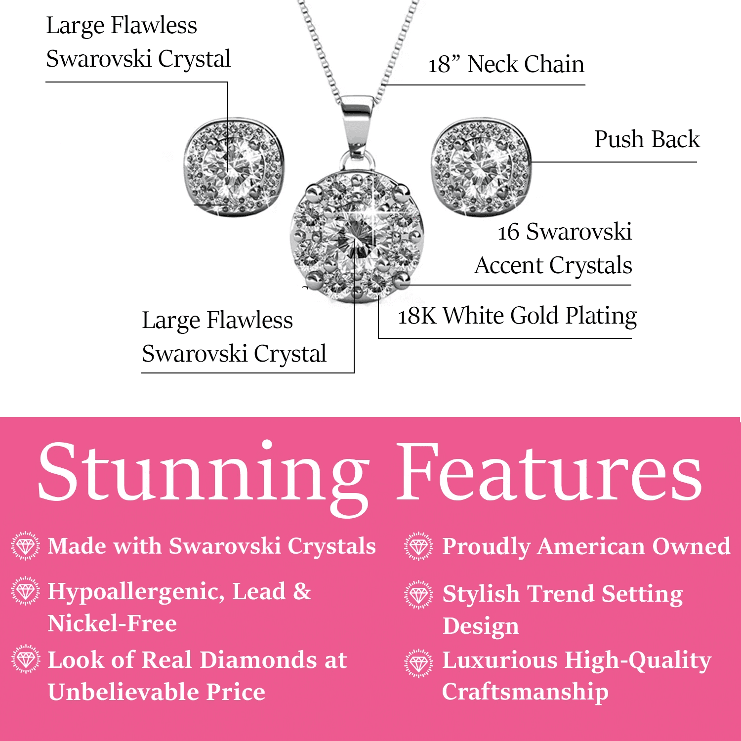Cate & Chloe Ruth 18k White Gold Plated Halo Jewelry Set with Swarovski Crystals Gift for Women