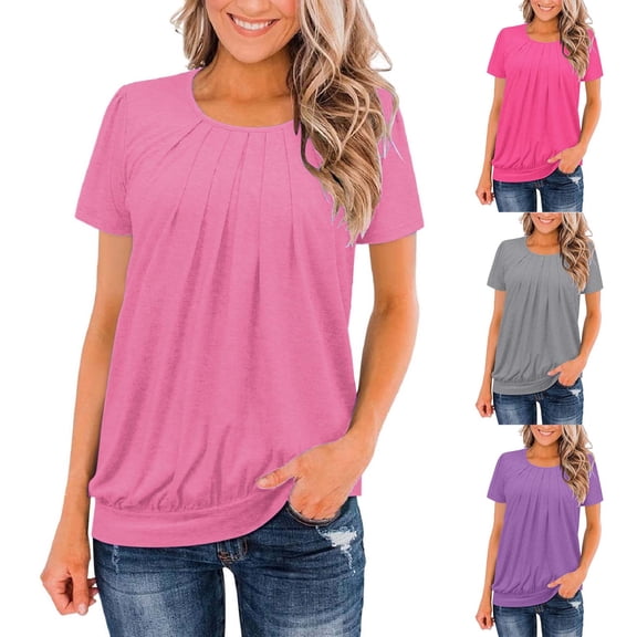 Aboser Women's Short Sleeve Blouson Tops Summer Going Out T Shirts Dressy Casual Pleated Front Blouse Loose Fit Plain Tunic Top Comfy Soft Crewneck Pullover Tees