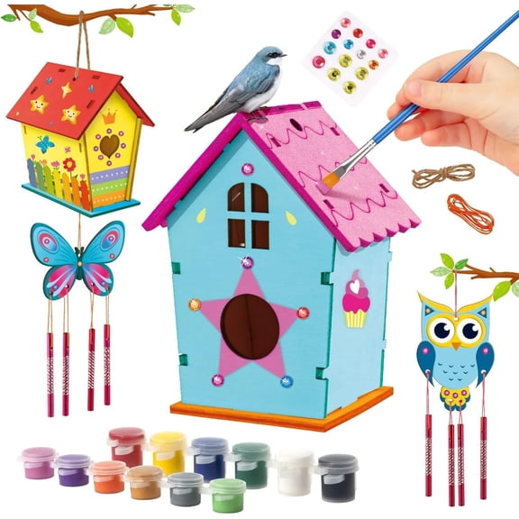 Piano Potato 2-Pack Wooden Bird House Paint Kit for Kids, DIY Wind Chime Craft Kit with Non-Toxic Paints & Adhesive Gems, Creative Art Activity Gift for Boys & Girls Ages 6-12