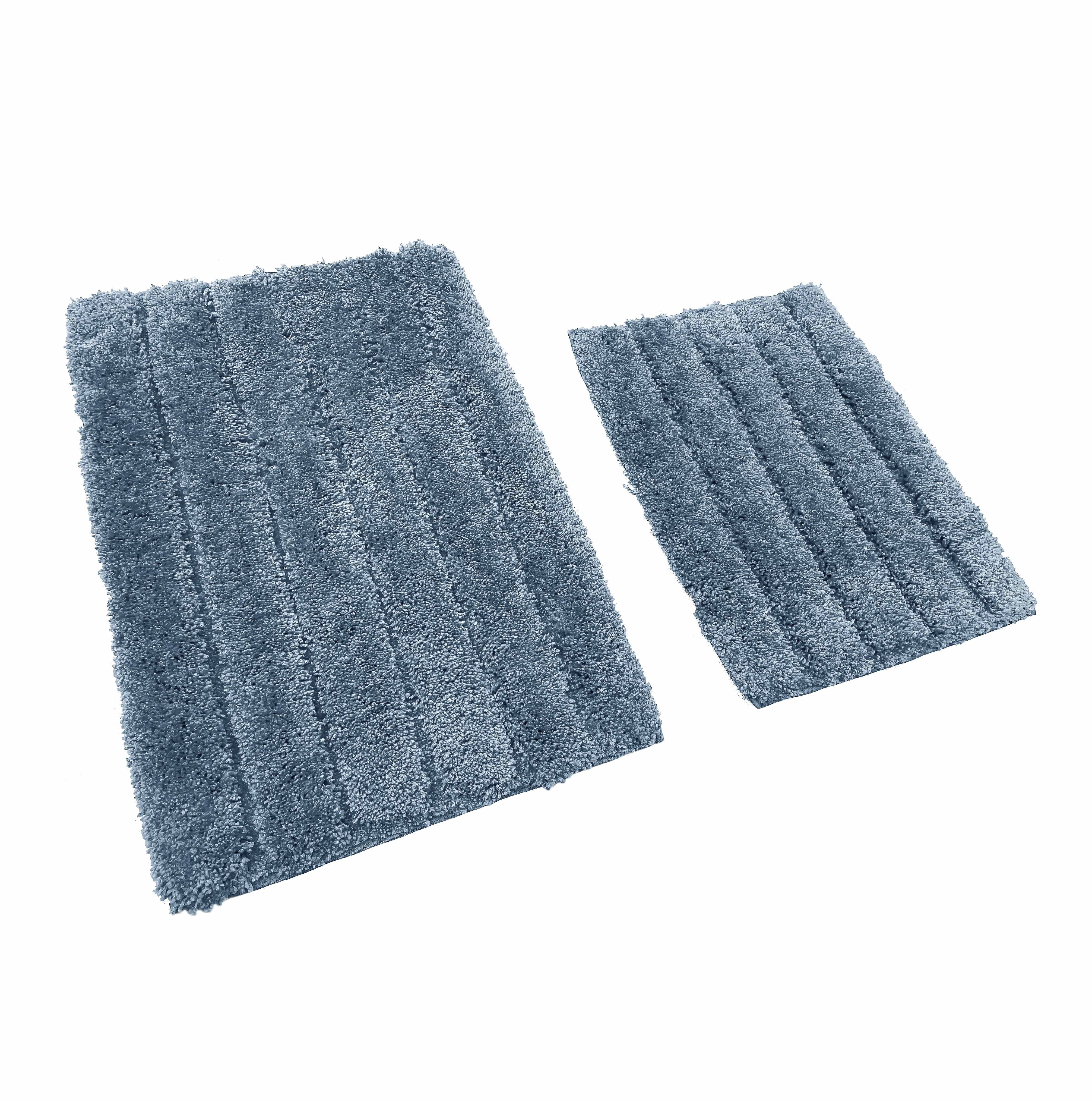 Denim Blue 2 Piece Bath Mat Set -Solid Striped Bathroom Mat Soft Plush Thick