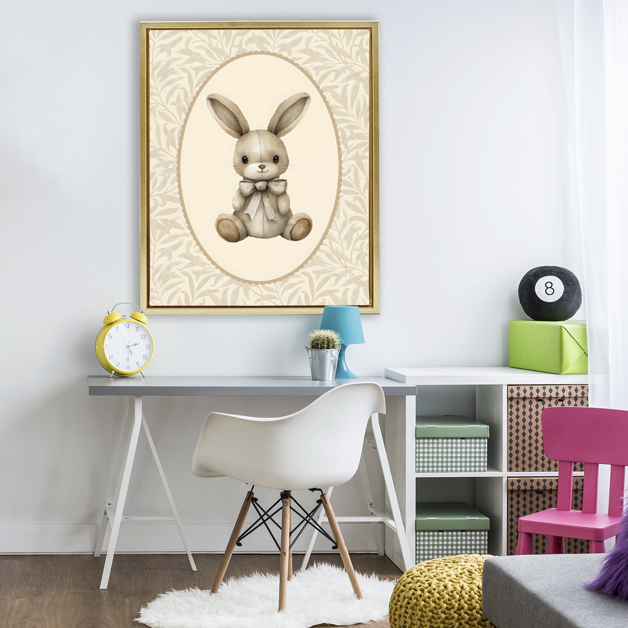 Stupell Industries Neutral Bunny in Oval Border Gold Framed Floater Canvas Wall Art, design by LSR Design Studio